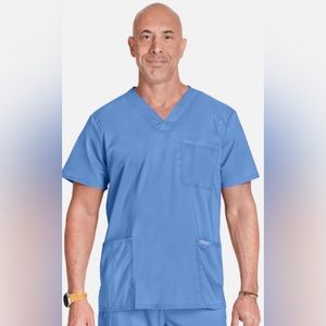 Men's Light Blue V-Neck Utility Solid Scrub Top